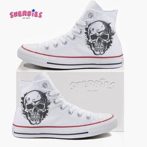 Skulls Custom Converse Sneakers, Gothic Skull white converse, printed chuck taylors