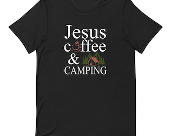 Camiseta cristiana para acampar, camiseta de naturaleza, regalo para amantes del café, camiseta religiosa cristiana, café y Jesús