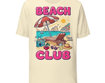 Retro Beach Club-tröja med grafisk design, vintage-tröja med semestermotiv