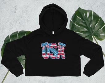 Sudadera corta con capucha para mujer con la bandera de EE. UU. del 4 de julio,