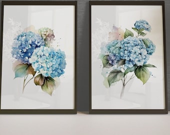 Blue Hydrangea Set of 2, Living Room Watercolor Wall Art Print, Floral Wall Art