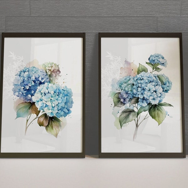 Blue Hydrangea Set of 2, Living Room Watercolor Wall Art Print, Floral Wall Art