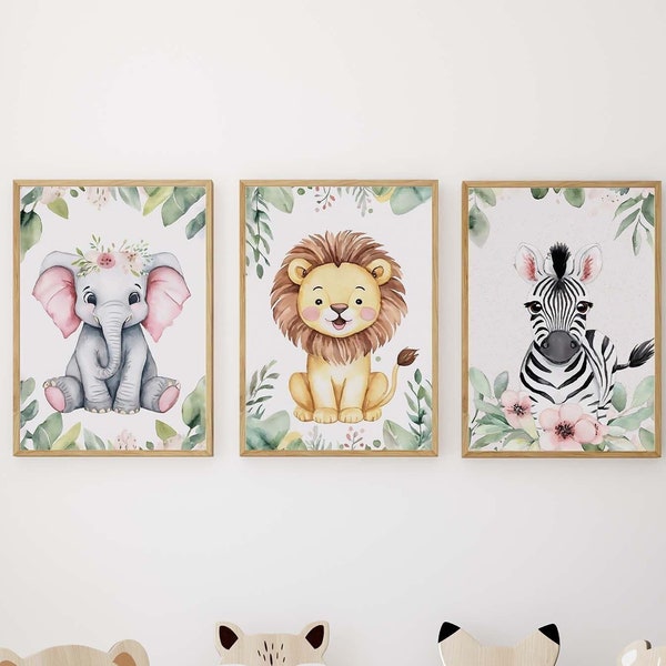 Ensemble de 3 art mural aquarelle safari africain | Girafe d’art de pépinière, zèbre, éléphant | Triptyque Art Nursery, Chambre d’enfants
