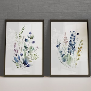 Navy Blue Wildflower,  Meadow, Watercolor Wall Art, Living Room, Bedroom Wall Art Print, set of 2