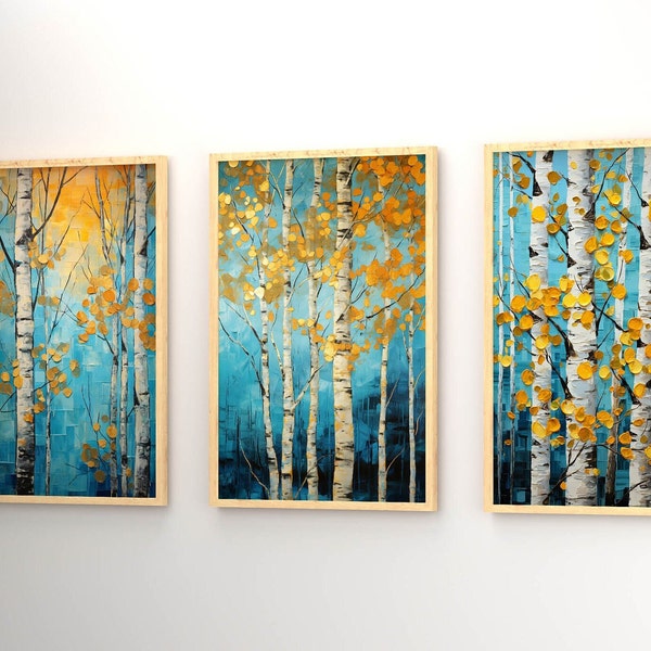 Birch Tree Art | Set Of 3 Tree Abstract Painting | Gold and Navy Blue Art | Print Only