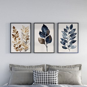 Set Of 3 Botanical Art Prints, Navy Blue And Gold Wall Art, Living Room Painting Print, Leaf Art