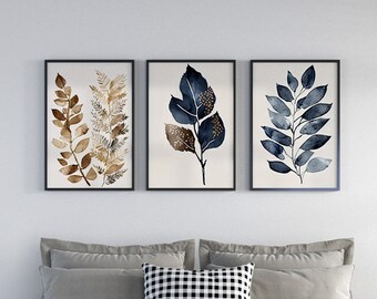 Set Of 3 Botanical Art Prints, Navy Blue And Gold Wall Art, Living Room Painting Print, Leaf Art