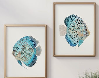 Duo de poissons beige bleu | Ensemble de 3 oeuvres d'art océaniques aquarelle douce | Chambre d'enfantArt
