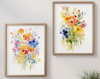 Vibrant Wildflower Watercolor Diptych - Bright Floral Art Set for Farmhouse Decor or Girls Room
