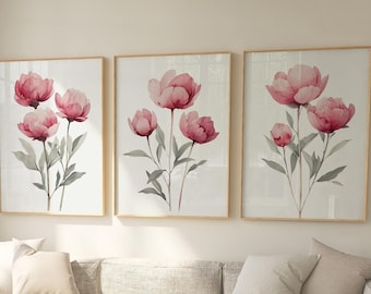 Peony Elegance - Juego de 3 - Acuarela botánica rosa suave para decoración del hogar
