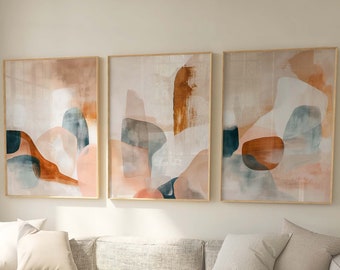 Triptyque abstrait tons terreux neutres | Lot de 3 oeuvres d'art pour salon, oeuvres d'art murales au-dessus du canapé