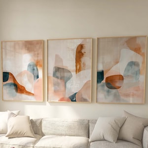 Trittico astratto dai toni neutri e terrosi / Set di 3 stampe artistiche per soggiorno, sopra il divano