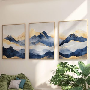 Conjunto de 3 quadros de arte de parede com tríptico abstrato de montanha | Azul e dourado | Decoração moderna de montanha com 3 peças para sala de estar ou quarto
