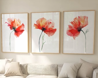 Red Poppy Watercolor Set Of 3 Art Print, Botanical Wall Decor for Living Room, Tranquil Floral Home Decoration
