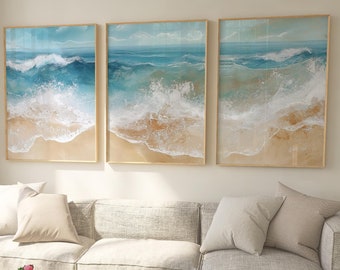 Set of 3 Coastal Wall Art | Abstract Ocean Wave Prints | Triptych Beach Decor for Modern Living Room