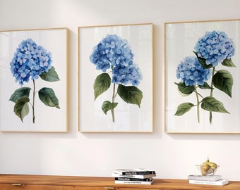 Blue Hydrangea Set of 3, Living Room Watercolor Wall Art Print, Floral Wall Art