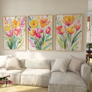Lot de 3 fleurs aquarelles colorées |  Triptyque tulipe, art mural floral jaune et rose vif |  Impressions pour le salon ou la chambre à coucher