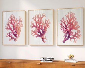 Pink Coral Watercolor Set Of 3 | Nautical, Ocean Inspired wall Art