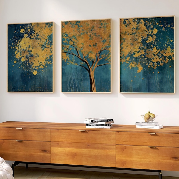 Triptyque Golden Tree | 3 pièces bleu marine et or | Ensemble d'art mural pour le salon