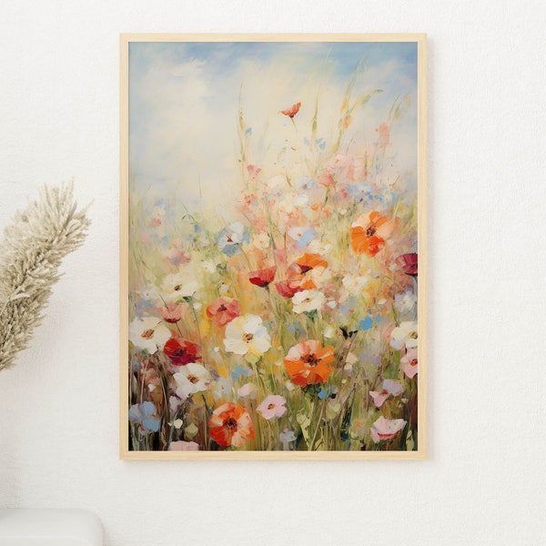 Paysage floral de printemps | art mural vintage | Impression de paysage de fleurs sauvages | Impression abstraite de printemps de fleur | Peinture à l’huile de prairie de fleurs