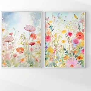 Set di 2 stampe di fiori selvatici colorati / Stampe floreali vivaci / Acquerelli di fiori botanici