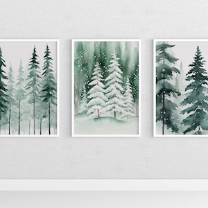 Winter Pine Tree Watercolor Art Prints: Forest Set of 3