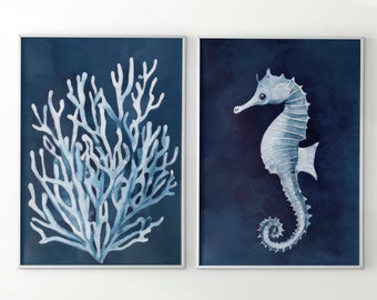 Seahorse and Coral Set Of 2 | Navy Blue and White Watercolor Art | Nautical Wall Art for Bedroom, Bathroom, Livingroom
