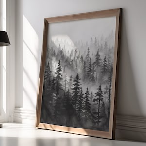 Stampa artistica della foresta in bianco e nero, stampa di pittura di paesaggio, arte dei pini sereni, elegante scena di nebbia, incorniciata