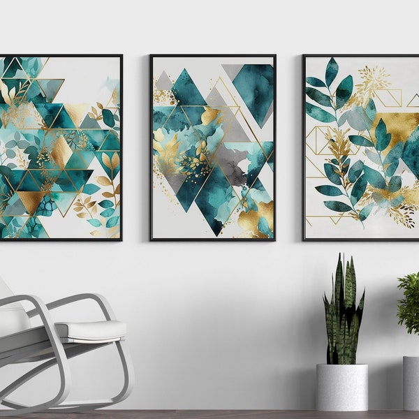 Abstract Set of 3 Gold and Dark Green Living Room Wall Art, Shapes and Flowers Art