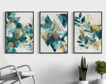 Set astratto di 3 decorazioni da parete per soggiorno in oro e verde scuro, forme e fiori