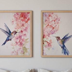 Set di 2 stampe artistiche di colibrì / Stampa artistica dipinta a mano con acquerello / Dittico di uccelli da parete