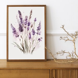 Lavender Watercolor Print, Farmhouse Decor, Floral Art Painting, Digital Art Download
