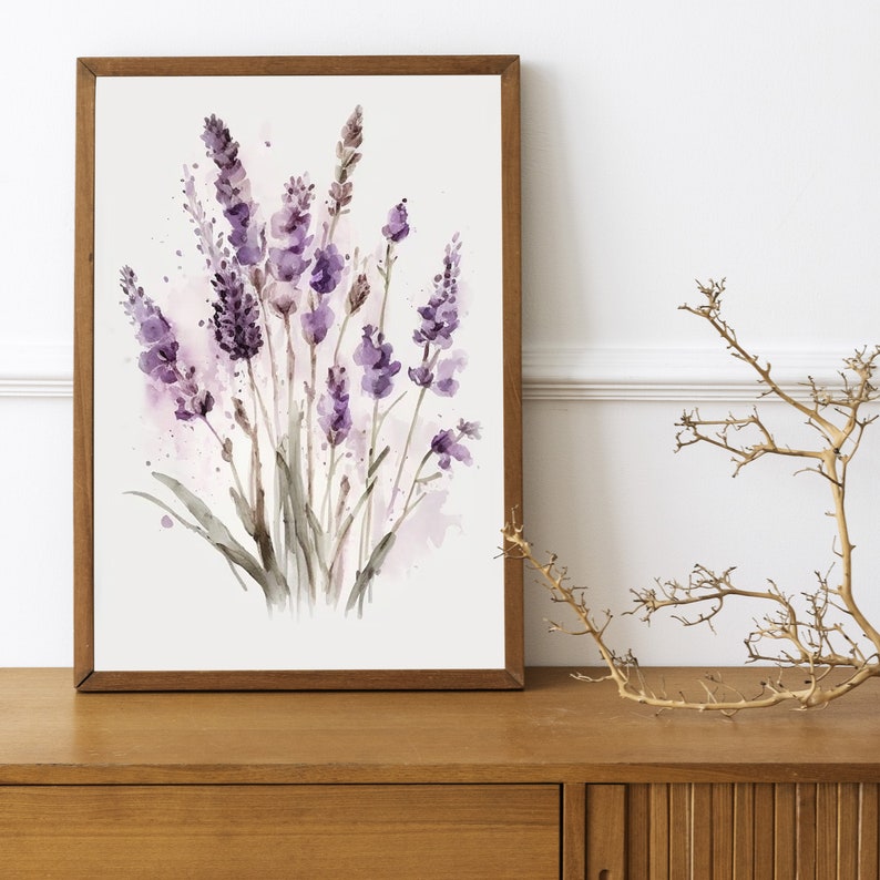 Lavender Watercolor Print, Farmhouse Decor, Floral Art Painting, Digital Art Download