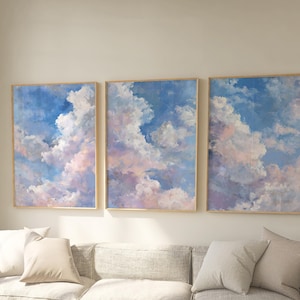 Pastel Cloud Triptych Art Prints: Dreamy Blue Sky Wall Decor