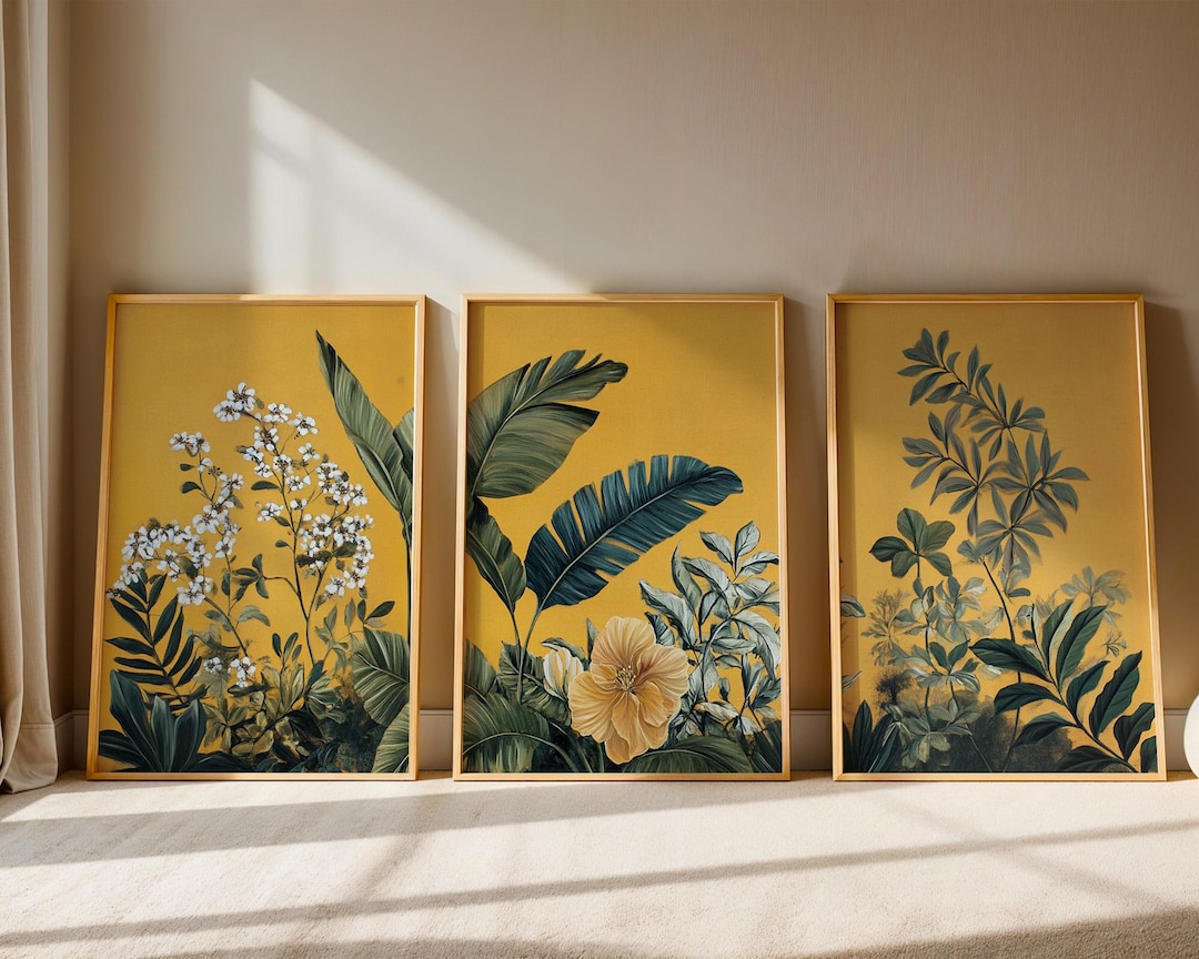 Botanical Garden Art Prints: Mustard Leaf Wall Decor, Set of 3 ...