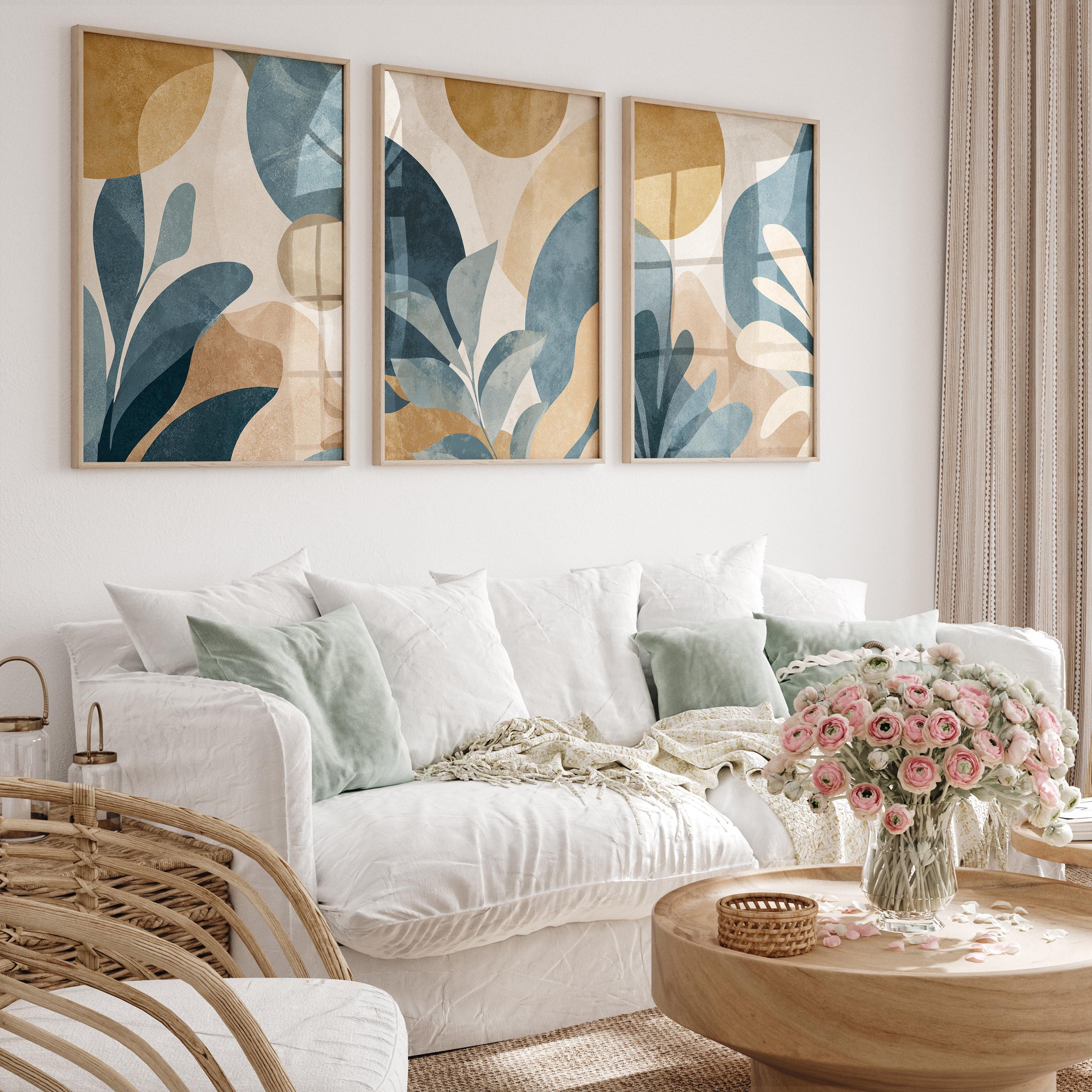 Teal Blue Botanical Leaf Art Print Set of 3 | Gold Tropical Wall Decor ...