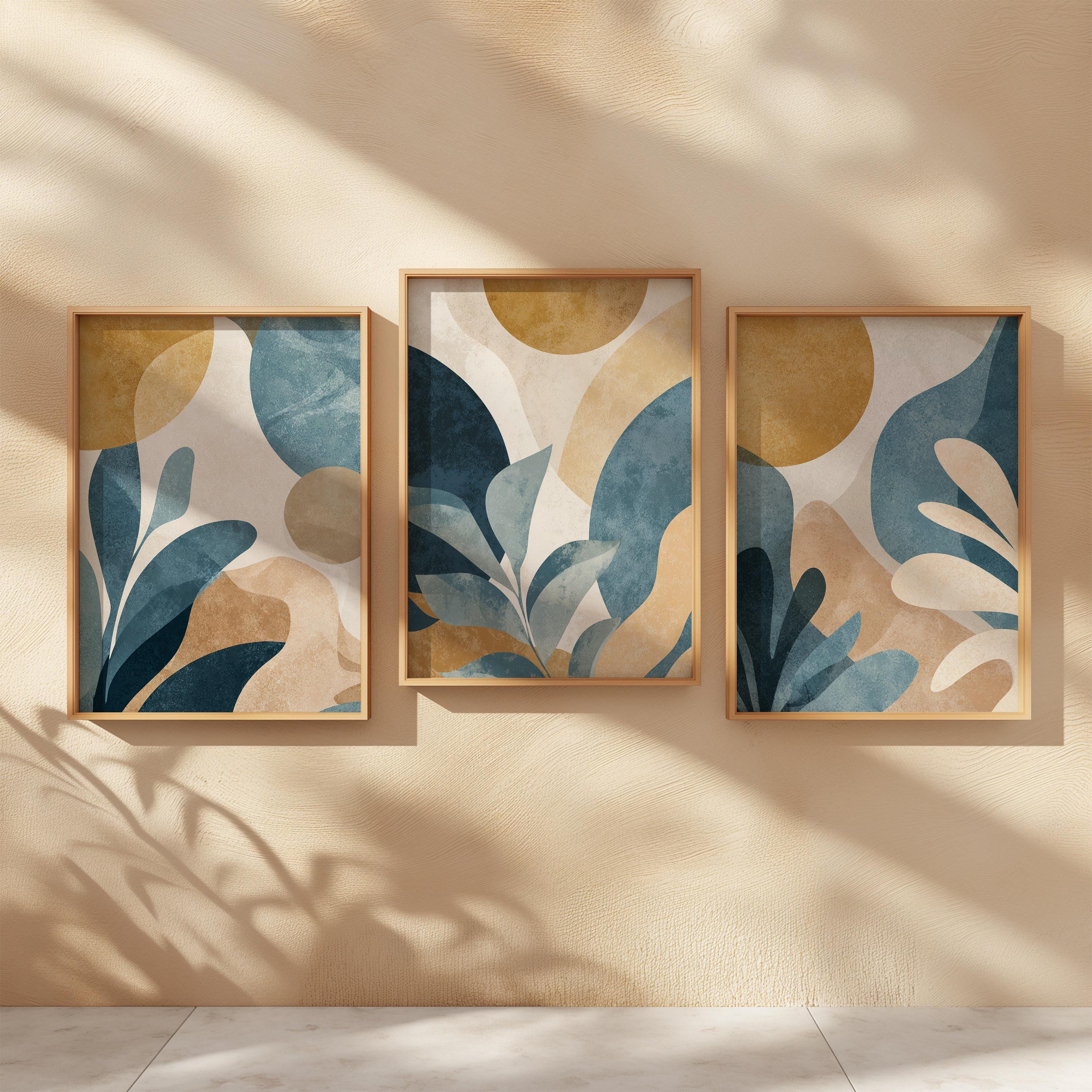Teal Blue Botanical Leaf Art Print Set of 3 | Gold Tropical Wall Decor ...