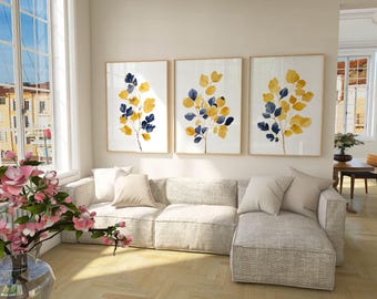 Mustard Yellow & Navy Blue Leaf Bouquet Art Set of 3 | Abstract Triptych Art