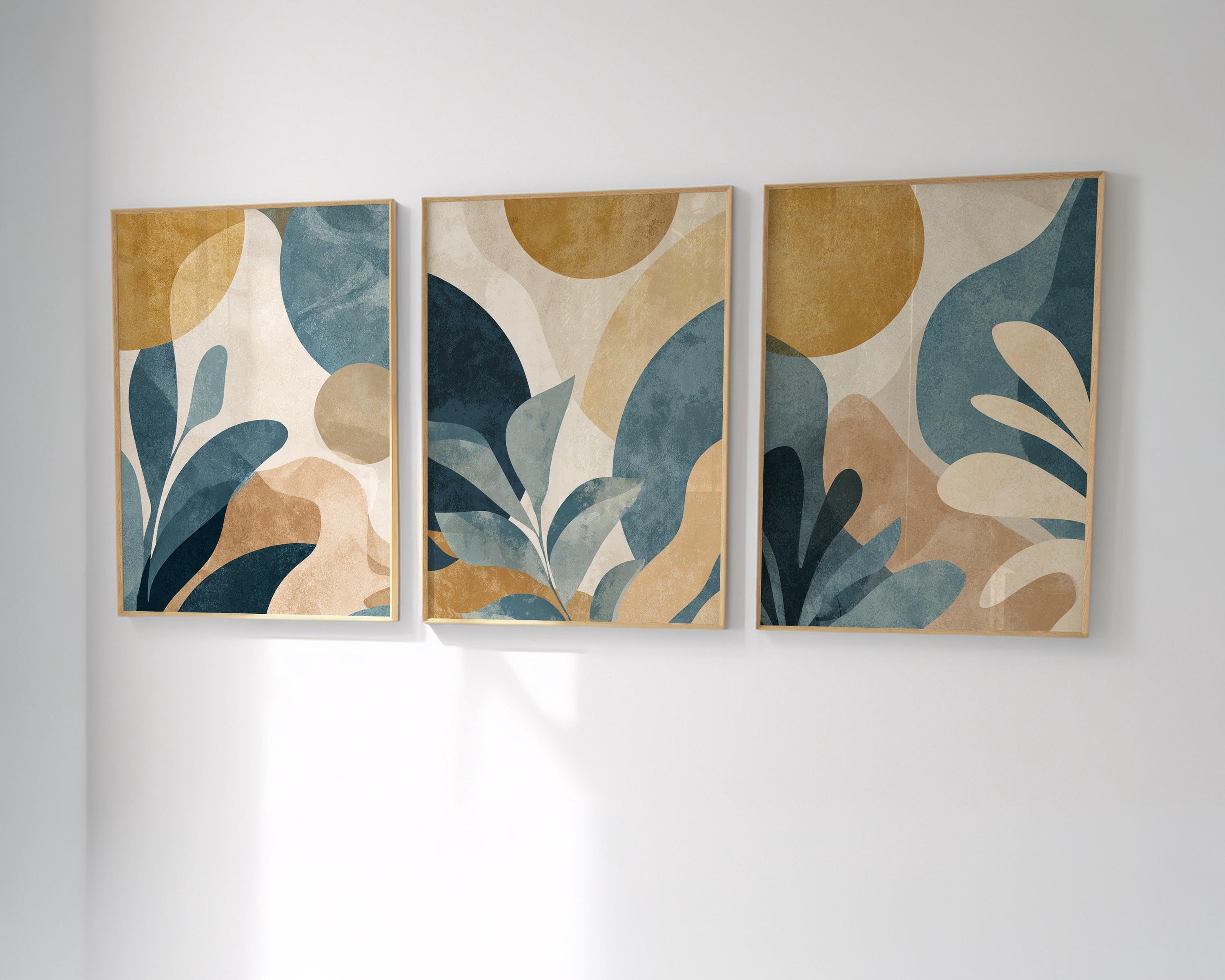 Teal Blue Botanical Leaf Art Print Set of 3 | Gold Tropical Wall Decor ...