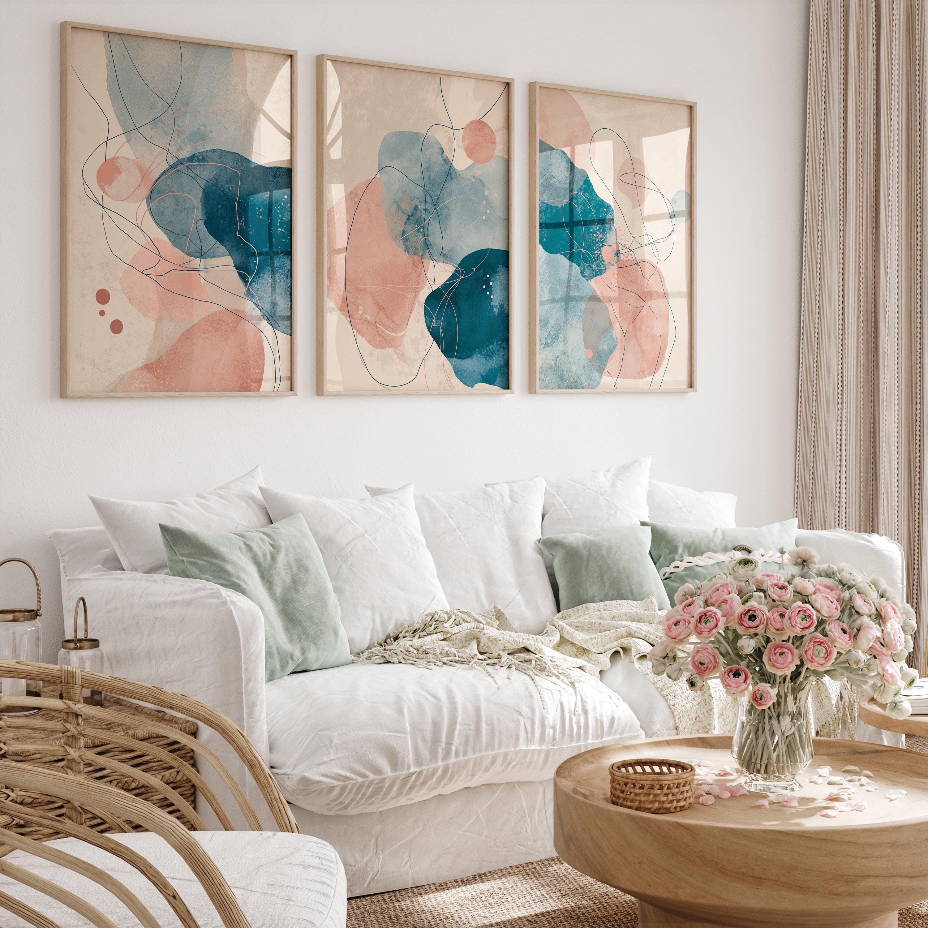 Abstract Watercolor Prints Set of 3, Navy Blue Blush Pink Wall Art ...