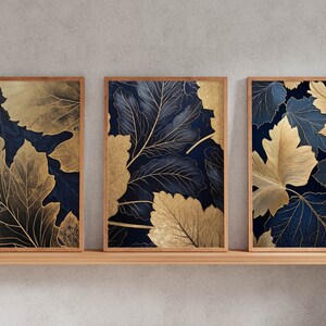 Set of 3 Leaf Botanical Wall Art | Navy Blue & Gold Botanical Wall Art ...