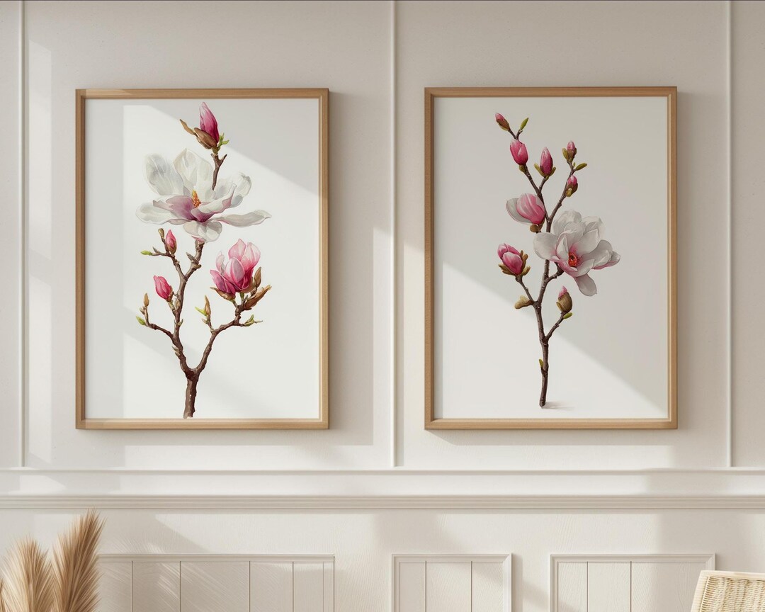 Magnolia Flower Prints Set, Pink & White Botanical Art, Spring Decor - Etsy