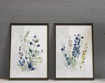 Navy Blue Wildflower Watercolor Print Set: Meadow Wall Art