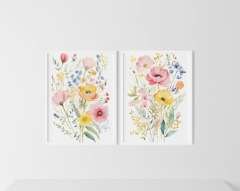 Set di stampe ad acquerello di fiori selvatici: arte murale floreale colorata