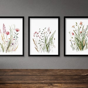 Set of 3 Wildflower Prints, Floral Farmhouse Decor Wall Art, Meadow Flowers Art