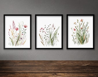 Set of 3 Wildflower Prints, Floral Farmhouse Decor Wall Art, Meadow Flowers Art