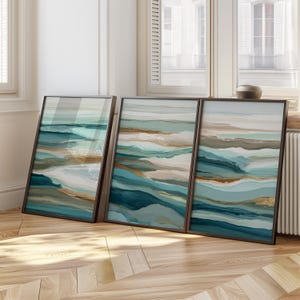 Conjunto de láminas artísticas abstractas costeras, tríptico de paisaje marino azul verdoso
