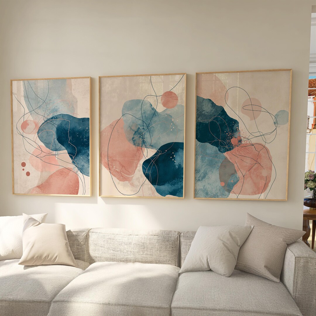 Abstract Watercolor Prints Set of 3, Navy Blue Blush Pink Wall Art ...