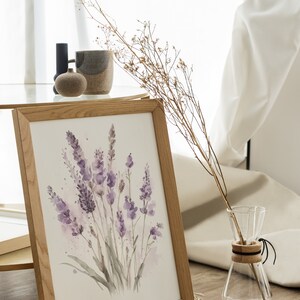 Lavender Watercolor Print, Farmhouse Decor, Floral Art Painting, Digital Art Download