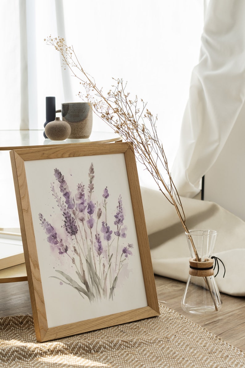 Lavender Watercolor Print, Farmhouse Decor, Floral Art Painting, Digital Art Download